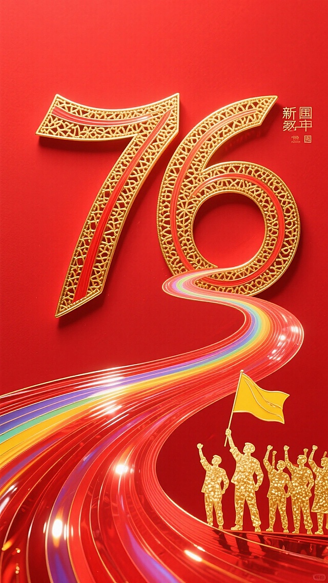 红底鎏金，3D浮雕大字“76”彰显喜庆与政务庄重，彩虹光带流动科技感，金色人物剪影昂首前行，寓意新时代奋进征程。
