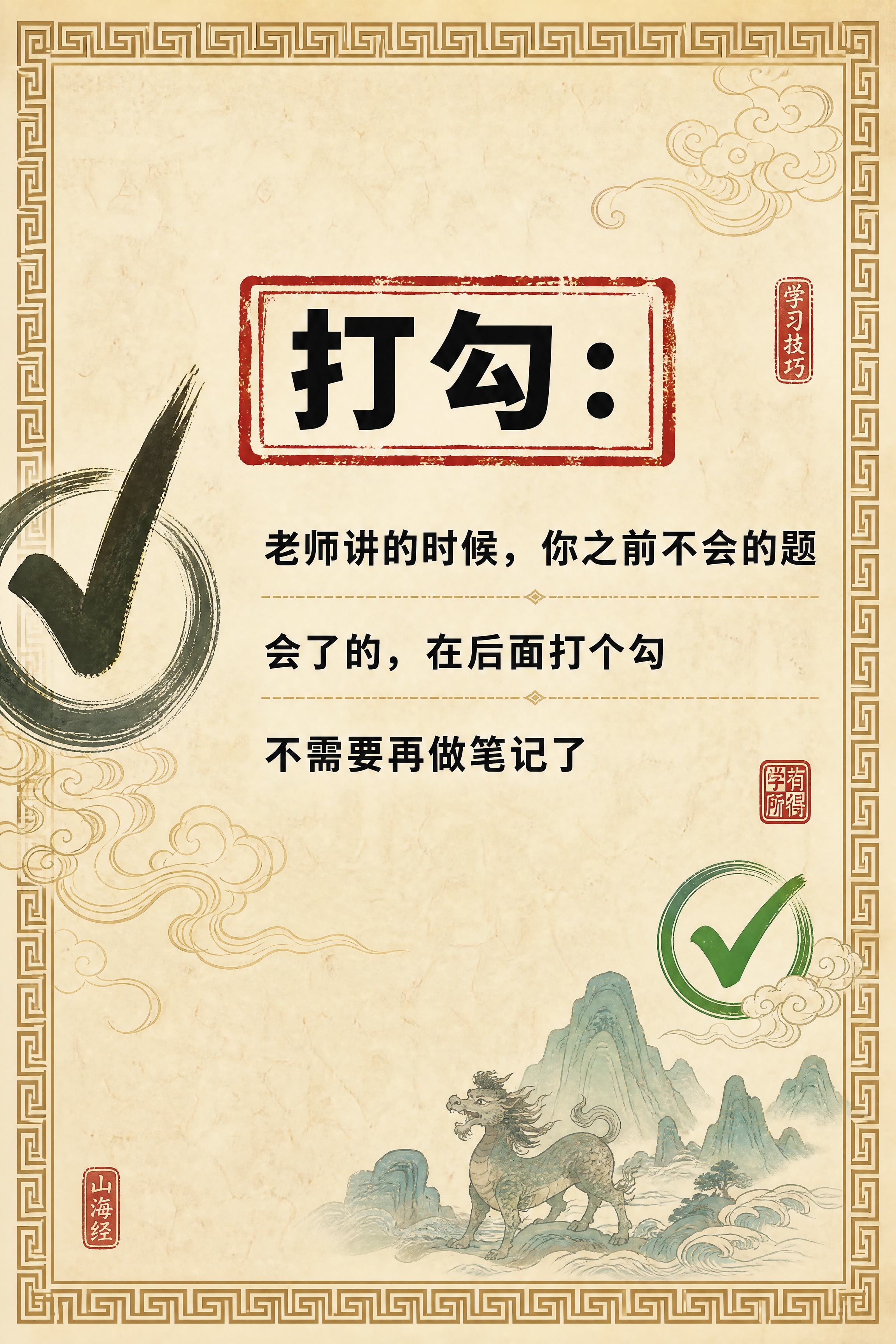 小红书笔记内页，打勾技巧卡片，国风山海经风格，米黄色宣纸纹理背… - 图片创意预览