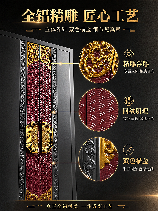 [商品] 使用【图1】臻尚铂门回纹缠枝全铝精雕别墅大门；保留深灰边框、酒红回纹肌理、上下金色缠枝雕花、侧边祥云纹样、金色回纹大拉手的完整结构、颜色和材质；整体比例与原图完全一致。
[画面] 页面目标：结构材质工艺证明，展示全铝精雕浮雕和双色描金工艺细节。构图：左侧为大门右侧半扇特写，占画面约50%，视角略微侧转，重点展示侧边祥云纹样与回纹肌理交界处；右侧为三个工艺细节放大框，上下排列；上方放大框展示「金色缠枝雕花」立体浮雕微距，中间放大框展示「回纹肌理」纹路细节，下方放大框展示「双色描金」工艺边缘处理；每个放大框旁有引线标注工艺名称和特点。背景为深灰色高级质感底。阅读动线：顶部标题→左侧大门特写→右侧三个细节框依次向下→底部工艺总结。
[视觉] 套系策略：风格=国风高端大气商业摄影；标题字=大气宋体类衬线粗体；正文字=简洁宋体常规体；主色=深酒红+深灰；背景延展=深灰渐变底，局部有金色光效点缀；强调色=烫金色，仅用于标题、引线、图标和高光；标题色=烫金色；正文色=浅灰色；组件=圆形金边放大框、细金色引线、工艺图标；光影=侧光突出浮雕立体感，金色雕花高光明显，回纹肌理凹凸感清晰，整体光影层次丰富。
[文字] 顶部居中主标题「全铝精雕 匠心工艺」，副标题「立体浮雕 双色描金 细节见真章」；右侧三个放大框对应文字：1.「精雕浮雕」+「多层立体 触感真实」；2.「回纹肌理」+「纹路清晰 绵延不断」；3.「双色描金」+「手工描金 色泽饱满」；底部一行「真正全铝材质 一体成型工艺」。所有文字横排。
[规格] 图片比例3:4竖版，4K分辨率，2048x2732像素；负向：禁止变形、错字、模糊、杂乱、水印、平台Logo、悬浮、穿模、色差、工艺细节模糊。