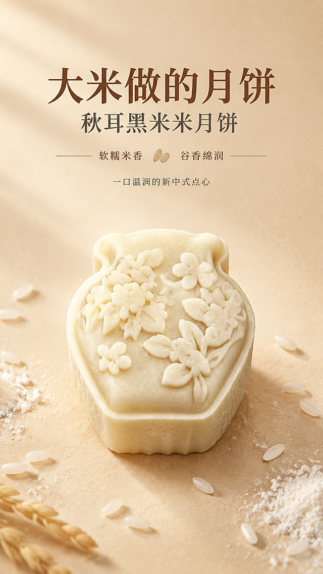 [商品] 使用【图2】完整蝴蝶结浮雕米月饼；保留花瓶形轮廓、表面花卉浮雕纹样、奶米白饼皮颜色与米制糕体质感；去除原图冷白背景与冷硬阴影，不出现任何塑料托、透明包装袋、纸盒包装，只保留饼体本身。
[画面] 首屏主视觉，目标是建立大米做的月饼的高级食欲认知。居中构图，完整米月饼位于画面中下部，占画面约55%，微俯视45°角，饼身正面浮雕纹样清晰细腻；浅麦杏纯色背景，前景有极淡的米粉散落颗粒点缀，画面上方留白放置文字；暖侧光从左上方打来，饼身上缘与浮雕凸起处有温润柔和高光，底部有奶油棕柔和接触阴影，整体干净高级。
[视觉] 套系策略：风格=新中式暖调柔光食品商业摄影；标题字=宋体衬线粗体（温润厚重）；正文字=简洁无衬线体；主色=暖奶米白；背景延展=基于暖奶米白、浅麦杏、奶油米色做深浅层级与同色渐变，带细腻哑光纸张质感；强调色=深褐黑米棕，仅用于小面积图标、引线和重点文字高亮；标题色=深暖棕；正文色=柔炭灰；组件=细线分隔、圆角浅底信息卡、米粒小图标；光影=统一暖调漫射柔光，左前侧主光，阴影柔和偏奶油棕。
[文字] 画面上方居中排版，主标题「大米做的月饼」大号宋体粗体深暖棕色；其下副标题「秋耳黑米米月饼」中号柔炭灰色；再下辅助文案「软糯米香｜谷香绵润」小号带米粒图标分隔；最底部小字「一口温润的新中式点心」；所有文字横排，不遮挡饼体浮雕主体。
[规格] 淘宝/天猫详情页，图片比例9:16竖版，4K分辨率，负向提示：避免冷白背景、冷蓝阴影、炭黑纯黑馅料色、塑料包装、纸盒、文字竖排、文字过小、饼体变形、浮雕模糊、冷色调光效。