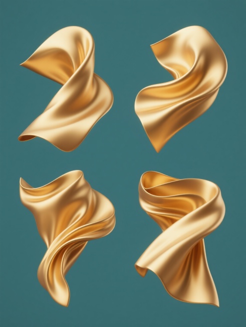一张纯色背景的系列素材集合，包含4个完全不同造型的金色丝绸元素内容，每个丝绸元素都保持原有的3D质感、细腻的渐变色彩、柔和的光影效果和流畅的动态形态，整体风格统一，规整排布在画面中。预览效果