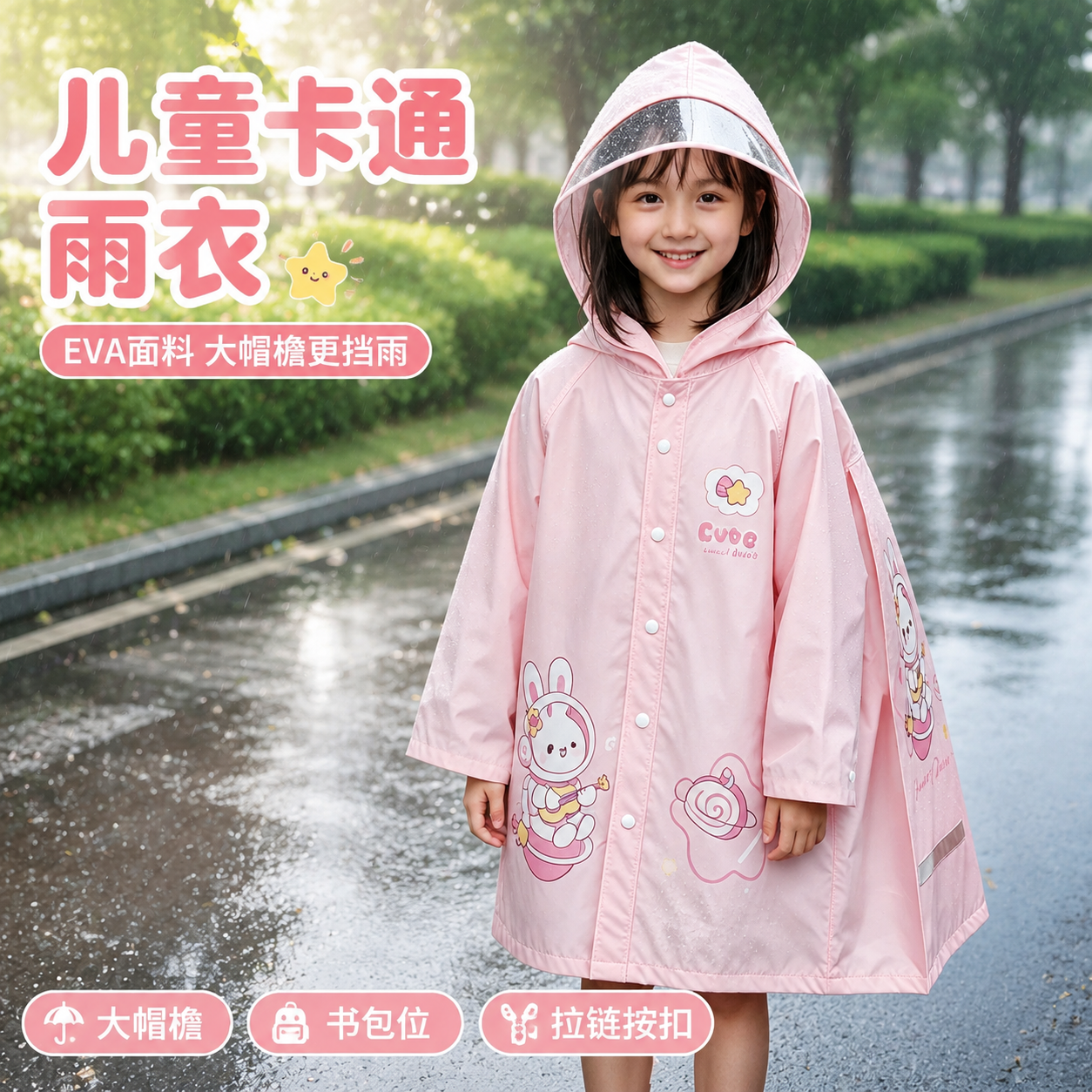 [主图-1] 粉色兔子款儿童雨衣首图，突出可爱卡通与雨天出行安… - 图片创意预览