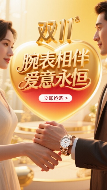 商业摄影风格，比例 16:9，高细节呈现。画面是一张温馨浪漫的照片，一对时尚情侣的手温柔相握，手部肌肤纹理细腻，指甲修剪精致。两人腕间佩戴的奢华手表，表身的金属光泽、表盘的精致刻度以及表带的细腻材质清预览效果