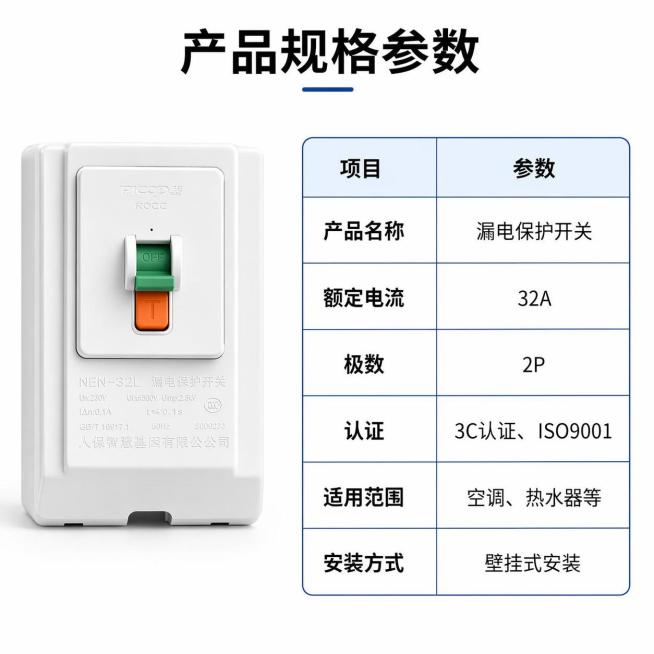 [第5屏] 规格参数页，漏电保护开关产品信息收口。本屏使用【图1】作为产品主体展示。
[氛围/风格] 简洁参数风，清晰易读，专业严谨，白底信息排版。
[元素布局] 左上放置产品实物图，占比约40%；右预览效果