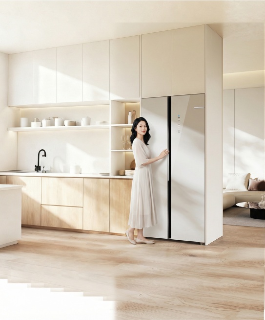 在这张图上冰箱左边增加20-30岁的亚洲女性，化精致的淡妆，微卷黑色长发，穿浅色连衣裙，一只手放在冰箱上预览效果