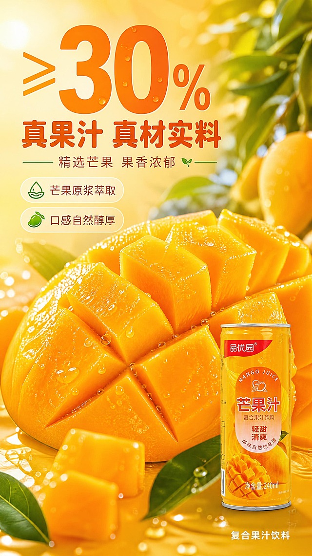 [商品] 使用【图1】品优园芒果汁240ml单罐；保留罐体完整结构、颜色、Logo、所有包装文字和图案，不改变产品细节，产品缩小放在画面右下角作辅助展示，占画面约15%。
[画面] 目标：成分/产地展示，突出果汁含量≥30%核心证据，有视觉冲击力。构图：原料微距满版型，主视觉为超大芒果果肉切面特写，果肉颗粒饱满，汁水充盈，占画面约60%。左上角大数字数据可视化展示。前景：芒果果肉纹理、果汁水珠；中景：大块芒果切块堆叠；后景：虚化的芒果果园绿叶背景。右下角放置产品罐。
[视觉] 套系策略：风格=清爽夏日商业摄影风，高饱和食欲感；标题字=粗圆体/圆润黑体，饱满有活力；正文字=简洁无衬线黑体；主色=芒果橙黄；背景延展=基于橙黄做深浅渐变、阳光光晕和水润质感；强调色=鲜绿色，仅用于小面积叶子、图标和引线；标题色=深橙红；正文色=深棕橙；组件=圆角半透明信息卡、细线引线、水滴装饰；光影=左前侧暖柔光，果肉纹理清晰，整体明亮通透。
[文字] 左上超大数字"≥30%"，下方主标题"真果汁 真材实料"，副标题"精选芒果 果香浓郁"，配2个短说明："芒果原浆萃取""口感自然醇厚"。右下角产品罐旁小字标注"复合果汁饮料"。所有文字横向排版，数字醒目有冲击力。
[规格] 图片比例9:16竖版，4K分辨率，负向提示：避免变形、错字、文字过小、冷蓝灰背景、产品颜色改变、包装文字错乱、果肉不真实、模糊。
