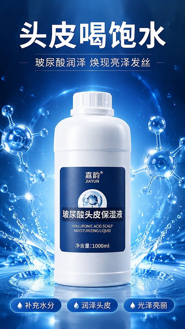 [第1屏] 详情页头图-嘉韵发匠玻尿酸头皮保湿液主视觉海报。本屏使用【图1】作为商品主体。
[氛围/风格] 水润科技感海报风，深蓝渐变背景，水光粒子漂浮，商业摄影高级质感，专业头皮护理调性。
[元素布局] 产品瓶身置于画面中央偏下，占比约55%-60%，正面展示，瓶身结构、蓝色标签、白色瓶盖与输入产品图完全一致；瓶身周围环绕透明水分子、玻尿酸分子球和水光波纹；上方留足标题区；底部有柔和反光台面；背景为深浅蓝色渐变，点缀微光粒子。
[光影质感] 上方柔光打亮瓶身正面，瓶身两侧有轮廓光，底部自然投影，整体通透明亮，突出水润感。
[配色色系] 全局底色 #0A2463 深蓝渐变；主色 #1E56A0 品牌蓝；辅助色 #FFFFFF 白色、#7EC8E3 浅蓝水光。
[视角构图] 正面微仰视，产品为视觉中心，阅读动线从上标题 → 中部产品 → 底部卖点icon。
[文字版式] 版式为上标题 + 中部产品 + 底部三胶囊卖点。主标题「头皮喝饱水」，副标题「玻尿酸润泽 焕现亮泽发丝」，白色粗体字居中；底部三个圆角胶囊卖点从左到右：「补充水分」「润泽头皮」「光泽亮丽」，蓝底白字；文字不遮挡瓶身主体。
[比例分辨率] 9:16 竖版比例，4K 分辨率，文字清晰可辨，高清画质。
[负向提示词] 瓶身变形，缺件错件，标签文字错乱，颜色偏差，水印，文字过小，背景杂乱，产品模糊。