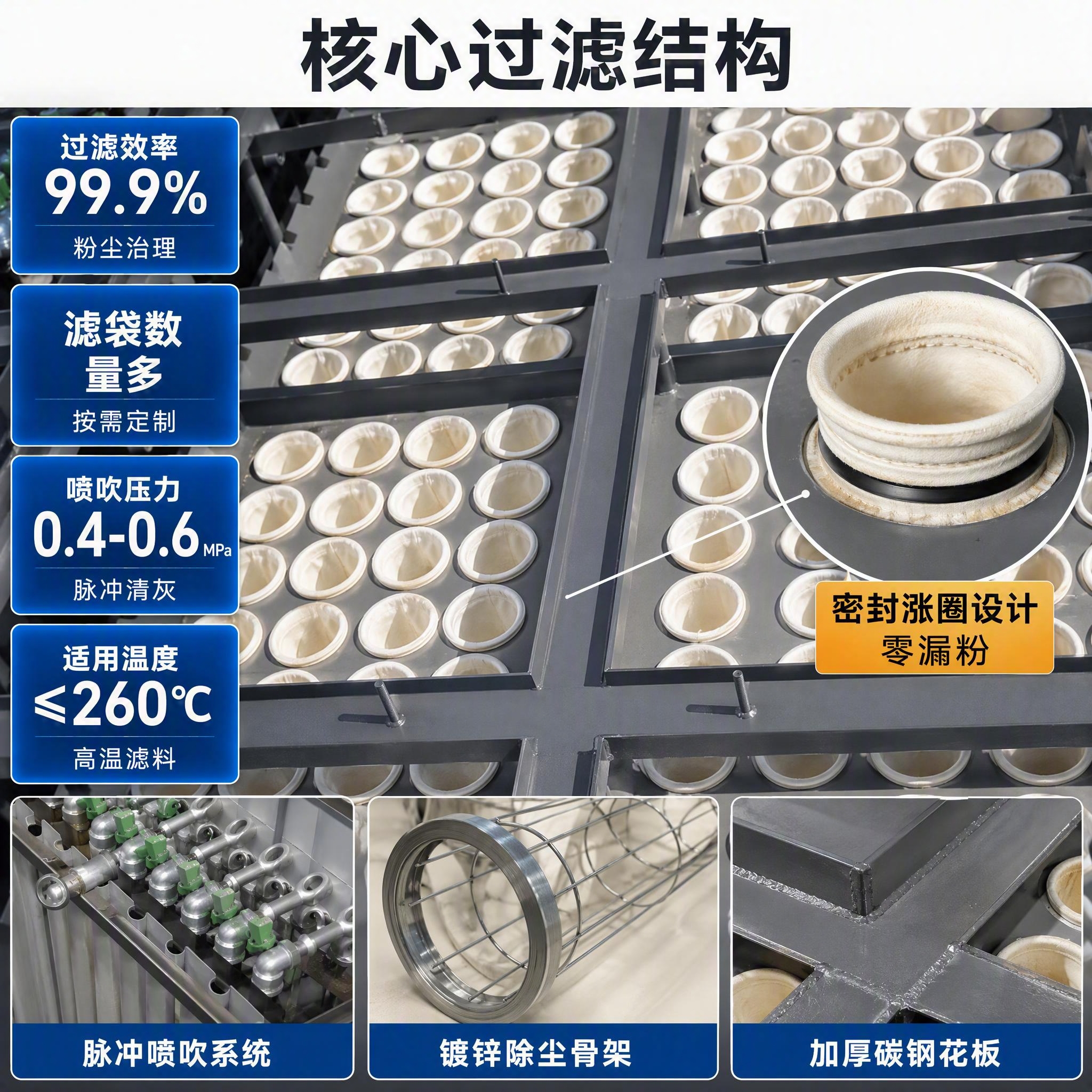 [主图-2] 布袋除尘器核心过滤结构与性能卖点图。 [氛围风格… - 图片创意预览