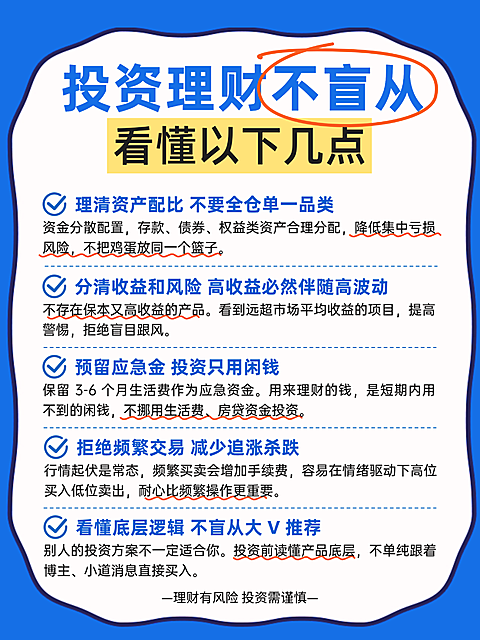 画面以蓝色为背景，展示投资理财五大建议。包含理清资产配比、分清收益风险、预留应急金等核心内容。采用卡通对勾图标和醒目的标题排版，适合用于金融知识普及和投资者教育场景。