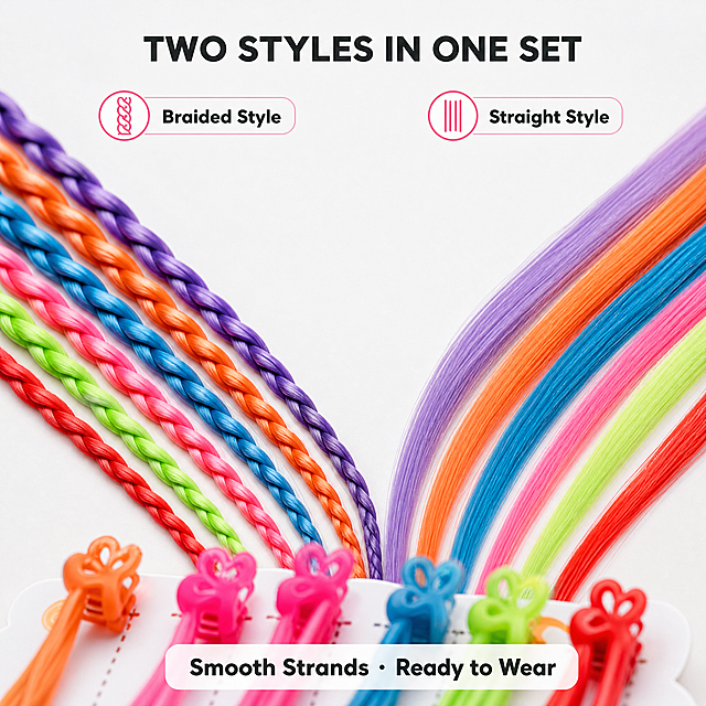 [主图-4] 商品名称：4 Pack Kids Clip-In Hair Extensions with 6 Vivid Colors – Braided & Straight Hair Pieces for Dance Party & Performance。唯一任务：材质与款式细节微距图，讲清编织式与直发两种发片的质感差别。
[统一基调] 明亮干净的跨境电商 listing 视觉：背景主色为冷白到浅灰白的柔和棚拍底（#F2F3F5 系）；主标题字色为近黑炭灰（#1E2226），辅助文案统一缩小 60% 同为炭灰；强调色统一为亮粉红（#FF4D8D），只用于细线图标标签与小面积标记；全套只用一种现代无衬线粗体字体外观，允许字号层级变化，不混用字体、不拉伸压扁；组件统一为圆角细边图标标签、细线放大圈与轻微半透明白底小卡片，不用厚重色块、通栏和边框；柔和影棚柔光，浅色柔和接触影，画面通透干净。
[画面] 冷白浅灰影棚底，左右分栏微距对比：左半为编织式发片的粗编织纹理微距，可见交叉编股、圆润立体与高光转折；右半为直发发片的顺滑纤维微距，可见发丝走向、柔顺垂坠与轻微半透光；两束发片各以 45°斜向延伸并在画面中下方汇合，一枚彩色镂空花瓣夹子在画面下缘虚化出现作为结构提示，画面不出现人物。
[光影质感] 微距柔光，浅色柔和接触影，纹理细节锐利，发丝边缘有细腻光边，材质光泽真实不塑料。
[配色] 冷白浅灰底，产品本体颜色原样保留，不额外加色。
[文字版式] 主标题英文「TWO STYLES IN ONE SET」横排上方留白；左侧小标签「Braided Style」、右侧小标签「Straight Style」，两标签字号一致且比主标题小 60%；说明行横排在下方留白「Smooth Strands · Ready to Wear」；不加中文、不出现 SKU 字样。
[输出要求] 1:1 正方形，微距锐利、左右对比清楚；负向：变形、错字、模糊、杂乱、水印、平台 Logo、中文。