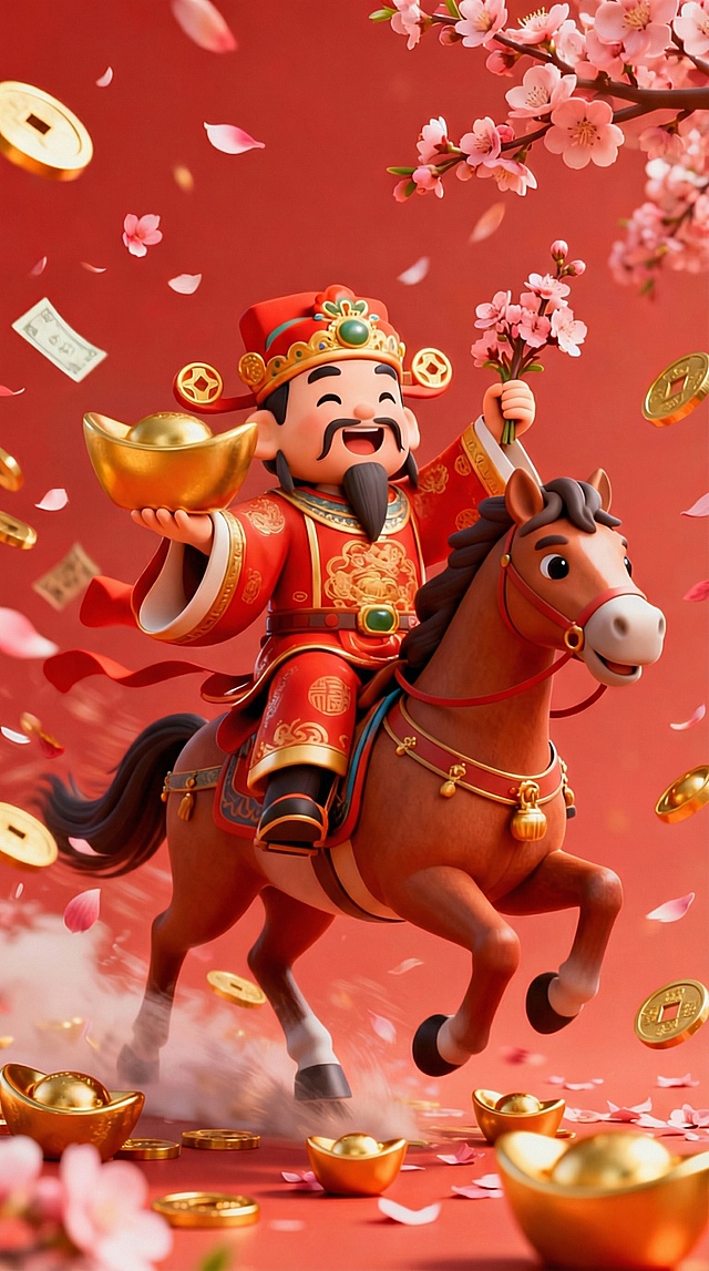软3D国潮风，卡通财神骑马奔腾，金元宝与樱花纷飞，喜庆洋溢，寓意新春好运。