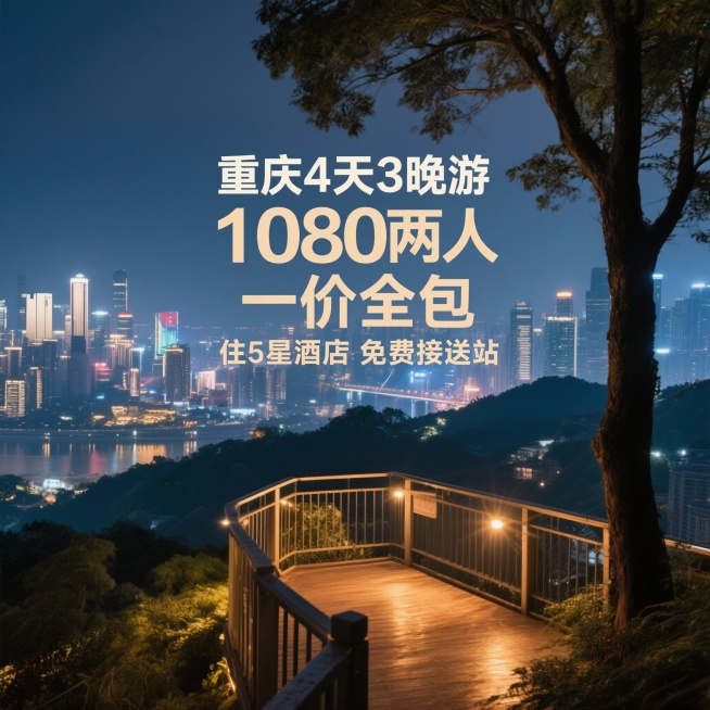 生成10张不同场景的重庆旅游百度推广图，主题为“重庆4天3晚游”，价格“1080两人”，尺寸1200*1200，一价全包 住5星酒店  免费接送站，不要拼图，不要有其他文字，文字偏中间位置预览效果