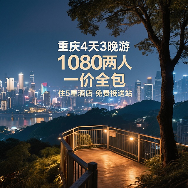 生成10张不同场景的重庆旅游百度推广图，主题为“重庆4天3晚游”，价格“1080两人”，尺寸1200*1200，一价全包 住5星酒店  免费接送站，不要拼图，不要有其他文字，文字偏中间位置