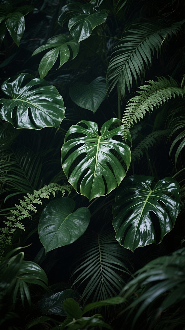 高清摄影风格的植物背景，深邃的墨绿色调为主，搭配不同层次的绿色阴影与明亮的叶脉高光，展现丰富的热带植物叶片纹理，包括宽大的椭圆叶片、锯齿状蕨类叶片和细长羽状复叶，叶片层层叠叠紧密排列形成无缝背景，整体呈现出浓郁、神秘且充满生机的丛林氛围，光影对比鲜明，细节清晰，质感真实，无文字及其他装饰元素。