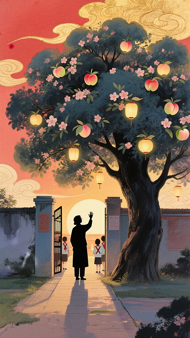 中式古典梦幻插画，剪影人物与桃树灯笼相映，超现实水彩风格，营造温馨节日氛围。