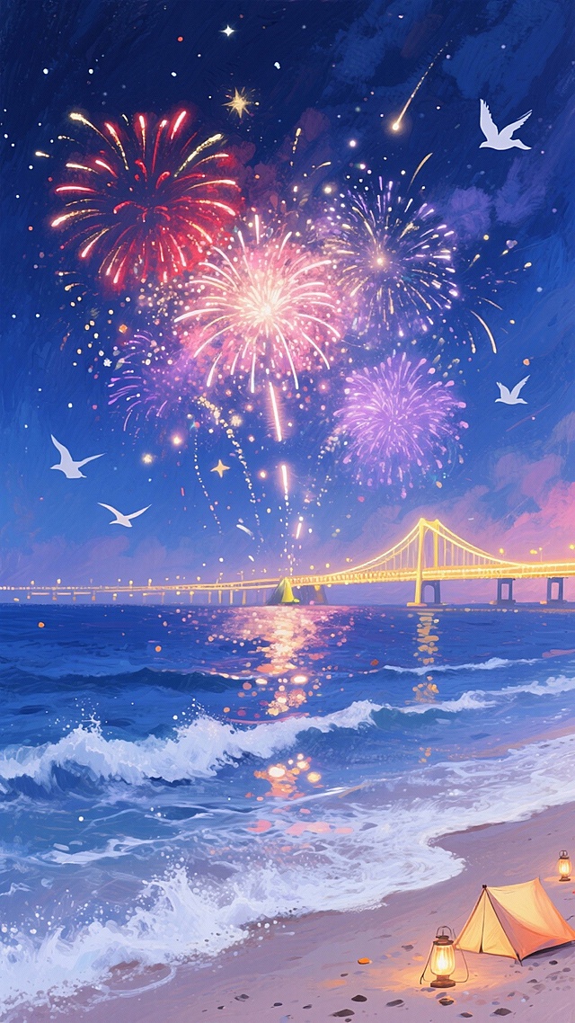 绚烂烟花在深蓝夜空与海面上方次第绽放，鎏金、绯红、柔粉、浅紫的花火层层炸开，拖着细碎曳光坠落，部分倒影融入墨蓝海面，与波光交织成对称光影；墨蓝大海微波荡漾，海浪裹挟着白色泡沫轻拍银白沙滩，溅起的细碎水花在烟花余光中闪着微光；远处跨海大桥亮着暖黄与霓虹灯带，勾勒出流畅弧线，与烟花璀璨交相辉映；几只白色飞鸟剪影掠过烟花幕布，沙滩上散落着几盏暖光露营灯，微光点缀其间；夜空缀着疏淡银星，烟花碎屑似流星般缓缓飘落，空气里弥漫着浪漫气息，整体以深邃蓝为底，衬得烟花色彩浓烈绚烂，营造出热烈梦幻、璀璨唯美的夏日夜晚海边烟花大会景致