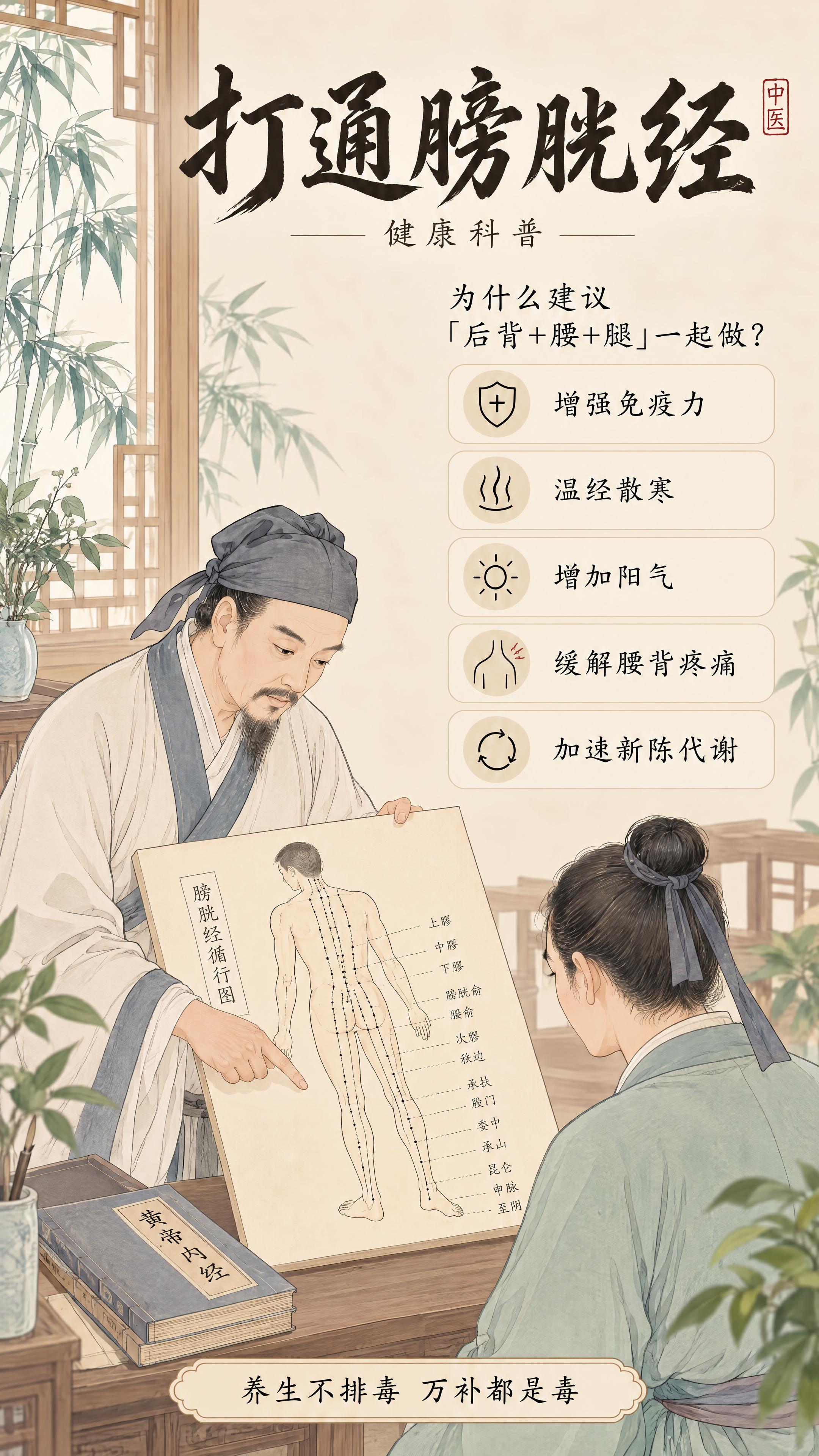 图一的打通膀胱经海报，风格参考图二的清爽型。将图一从沉重的古旧… - 图片创意预览