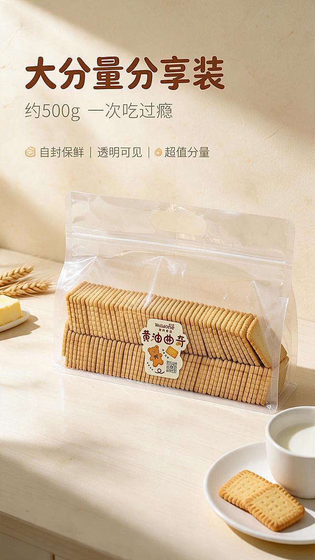[商品] 使用【图1】透明手提自封袋包装的黄油曲奇饼干；保留透明塑料包装袋、顶部手提孔、自封拉链、袋内整齐排列的饼干、白色标签上的小熊图案和"黄油曲奇"文字、Welldone品牌名；修复包装袋上的杂乱反光和褶皱，让透明袋质感更干净通透，饼干排列整齐清晰，标签文字清晰可读，不改变包装结构、形状和标签设计。
[画面] 目标：包装展示优化，突出透明袋装大分量与品质感。构图：包装居中展示，占画面60%，放置在浅奶油色木质桌面上，背景为暖米色柔化墙面；左上方点缀小麦穗和一小块黄油，右下方放一杯牛奶和2块取出的曲奇饼干（与袋内饼干外观一致），营造温馨下午茶氛围；前中后三层景深，自然光从左上方洒入，形成柔和阴影。
[视觉] 套系策略：风格=温馨可爱简约时尚，治愈系食品商业摄影；标题字=圆润可爱无衬线粗体（圆角字）；正文字=简洁纤细无衬线体；主色=奶黄+奶油白；背景延展=基于奶黄与奶油白做深浅渐变、同色柔和肌理和细腻纸张/陶瓷质感；强调色=浅棕黄油色，仅用于小面积图标、引线和标签点缀；标题色=深暖棕；正文色=中暖灰；组件=圆角浅底信息卡、细线引线、可爱小图标；光影=左前侧暖柔自然光，柔和漫反射，透明袋反光自然干净。
[文字] 左上主标题"大分量分享装"，副标题"约500g 一次吃过瘾"，下方3个小图标卖点：自封保鲜 | 透明可见 | 超值分量；文字全部横向排版，不遮挡包装主体和标签。
[规格] 图片比例9:16竖版，分辨率2K，避免变形、错字、文字过小、冷蓝灰调、包装标签文字错乱、包装袋质感廉价、极限词。