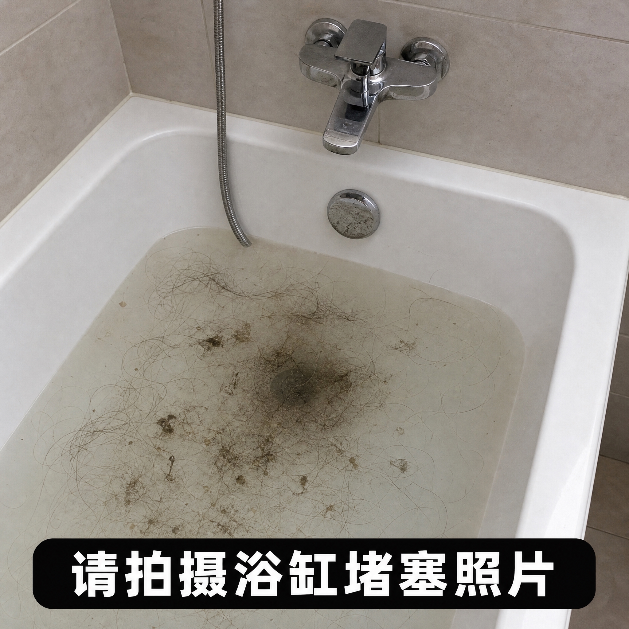 将面盆替换为白色浴缸，浴缸内有浑浊积水和大量头发堵塞物，去掉后… - 图片创意预览