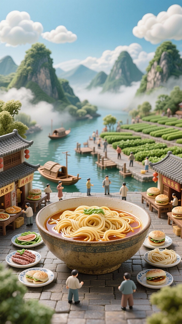 巨大的一碗面条作为主视觉，两边有一些盘子，山水，河流，码头，茶田作为背景，四周摆摊有一些陕西菜品，蓝天白云。