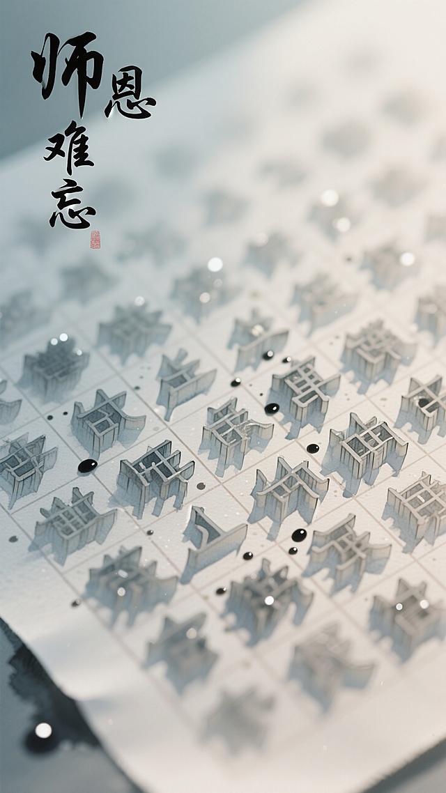 中式感棋盘，轻拟物风立体字，水墨渲染，古典文艺，师恩难忘。