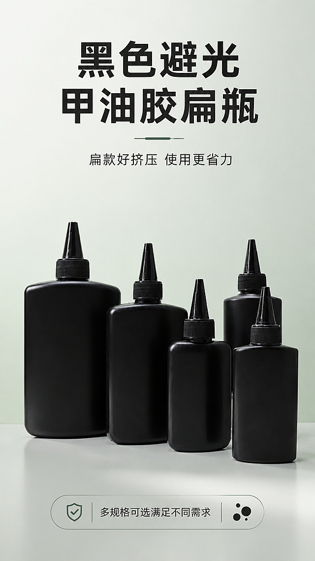 [第1屏] 详情页头图，黑色避光甲油胶扁瓶全系列产品海报，本屏使用【图1】作为商品主体。
[氛围/风格] 简约专业工业风，干净清晰，商业摄影质感，突出产品专业包装属性。
[元素布局] 5款不同规格的黑色扁瓶错落摆放在画面中下部，占比约65%；上方留有大标题区域；背景使用纯净浅灰绿色渐变，和产品黑色形成对比；保持产品原有形状、颜色、规格大小与输入产品图一致，突出扁瓶造型特征。
[光影质感] 正面柔和主光，侧边辅助光，底部自然阴影，突出瓶身哑光质感，整体明暗层次清晰。
[配色色系] 全局底色 #F0F5F0；主色黑色瓶身，辅助色浅灰绿背景，黑色文字对比清晰。
[视角构图] 正面平视，产品为视觉中心，阅读动线从上到下，标题在上产品在下。
[文字版式] 顶区主标题「黑色避光甲油胶扁瓶」，副标题「扁款好挤压 使用更省力」，简洁无衬线字体居中展示；底部添加小字信息条「多规格可选满足不同需求」；文字均不遮挡产品主体，清晰可读。
[比例分辨率] 9:16 竖版比例，4K 分辨率，文字清晰可辨，高清画质。
[负向提示词] 产品变形，缺件错件，颜色偏差，水印，文字错乱，产品图模糊，结构错误，文字过小