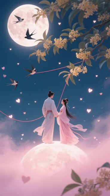 梦幻粉雾中，牛郎织女执手立于桂花满月之上，身侧飞鸟衔红线剪出漫天心形光屑。预览效果