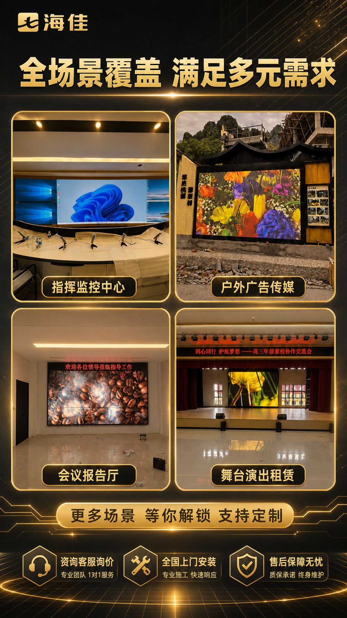 将这张海佳LED全场景覆盖详情页改为金色科技风。整体色调改为金… - 图片创意预览