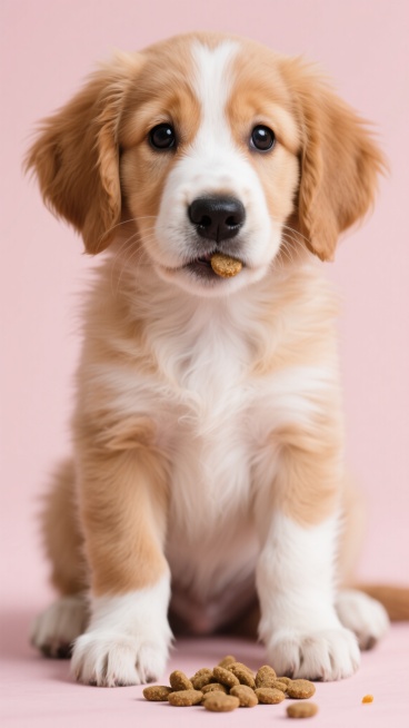 一只可爱的金毛幼犬，棕色和白色相间的毛发柔软蓬松，黑色的大眼睛明亮有神，嘴巴里叼着一颗狗粮，前爪之间散落着一小堆狗粮，坐在浅粉色背景前，整体画面温馨治愈，高清摄影，对焦清晰，光影柔和，突出宠物食品的美味和幼犬的萌态。预览效果