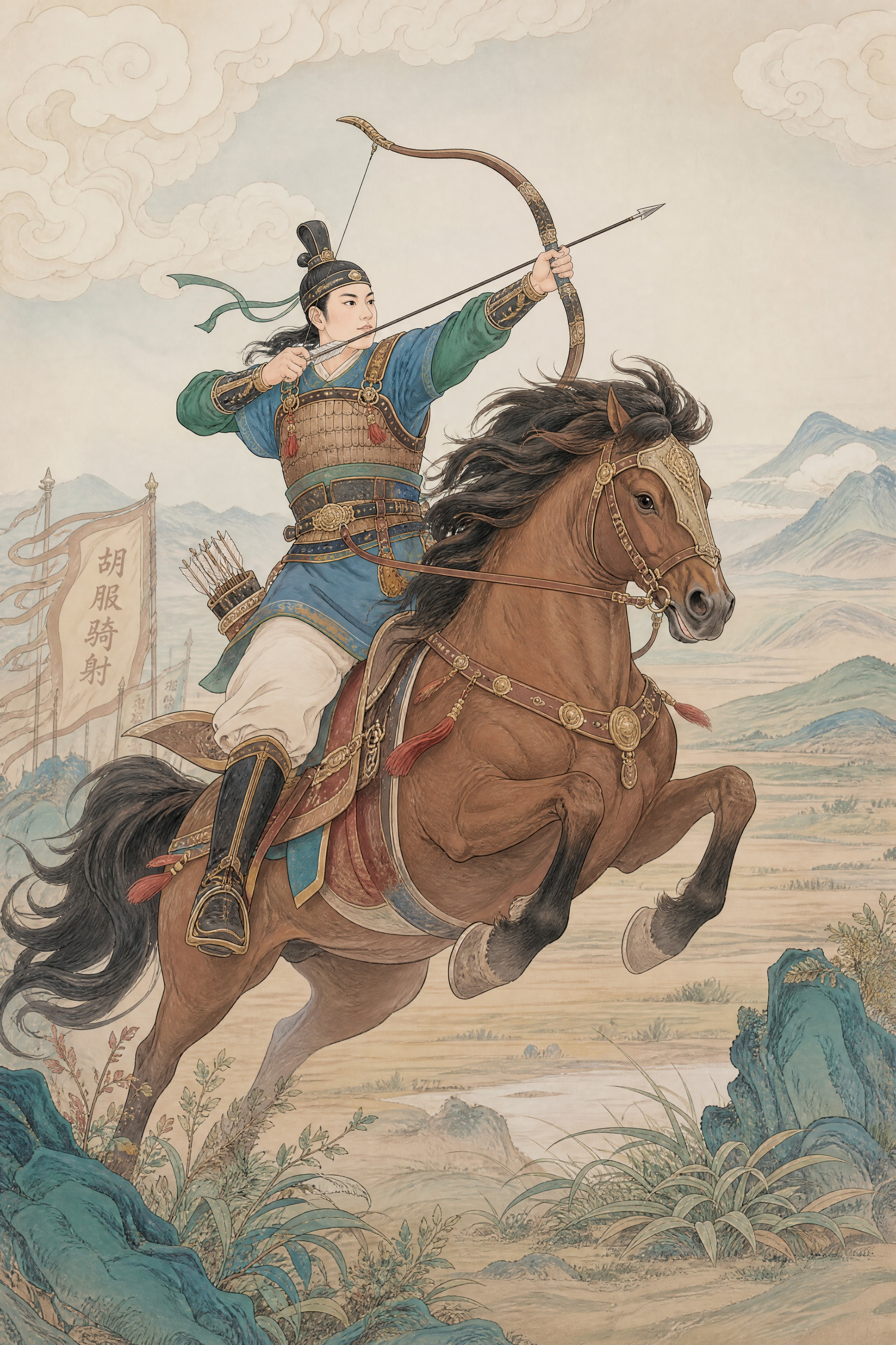 画面描绘了身着古代服饰的骑士拉弓射箭的动态场景，背景为云山与荒… - 图片创意预览