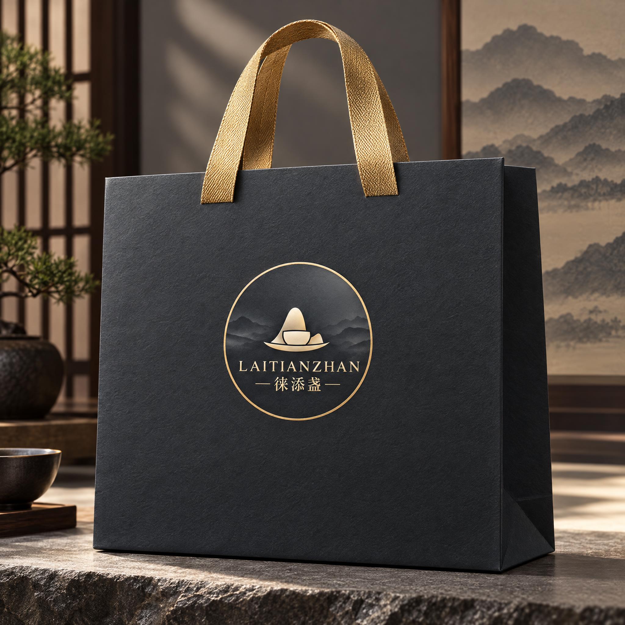 徕添盏茶品牌手提袋设计模板。新中式高端风格，深灰色纸质手提袋，… - 图片创意预览
