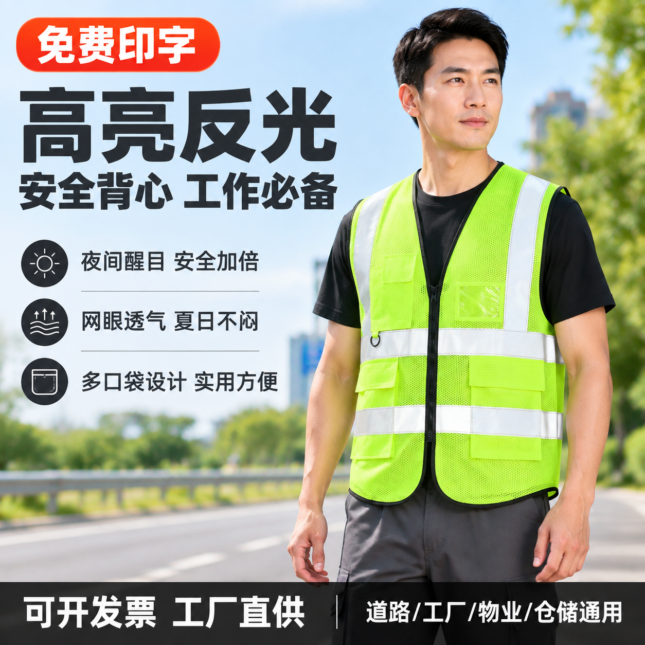 [主图-1] 荧光黄绿安全反光背心核心卖点首图，拼多多大字性价… - 图片创意预览