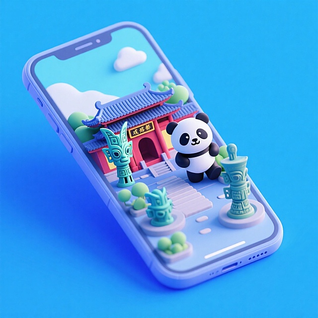 一个手机创意微缩场景，手机平放，侧面对着观众，手机俯视角度，立体的成都景观从屏幕内出来，有熊猫，三星堆，武侯祠，整体色调立体魔幻。青色背景。具有梦幻感,打光营造出柔和氛围强调梦幻和未来感的美学。