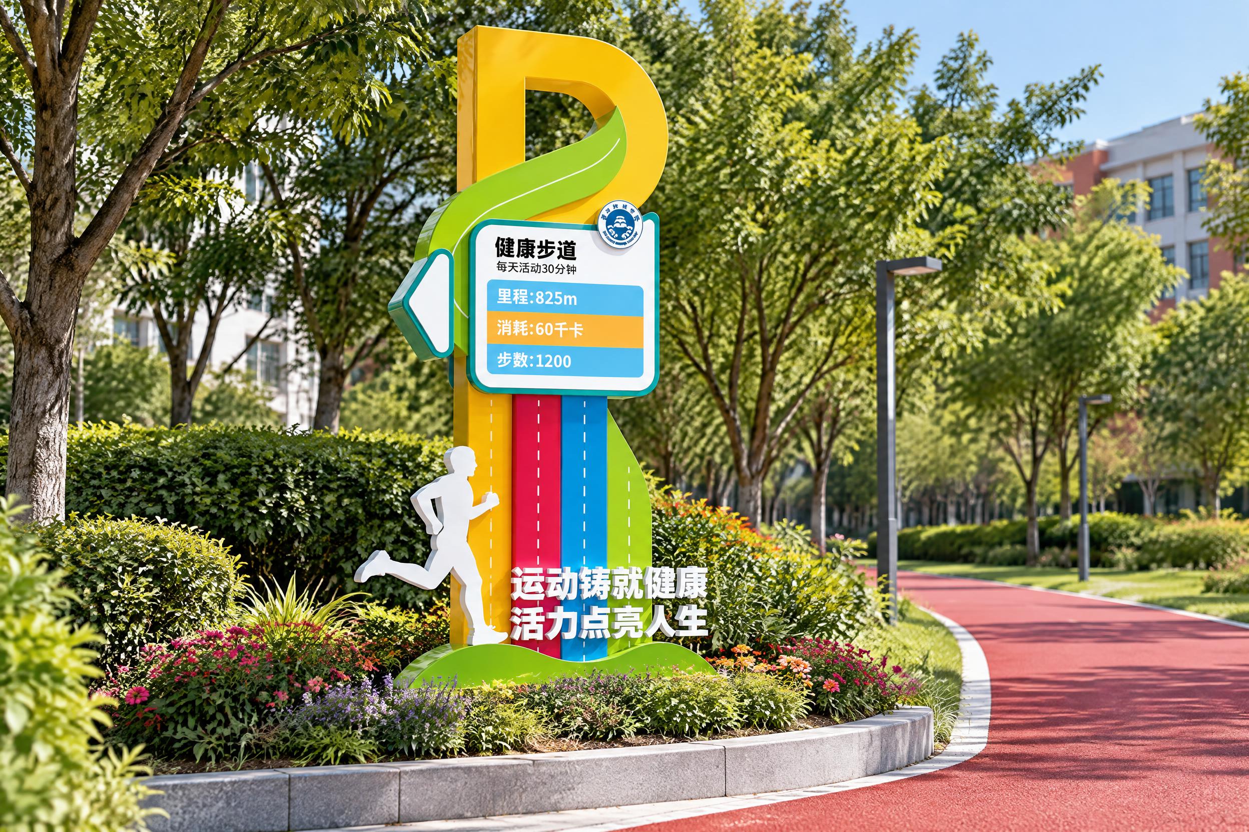 将图中的健康步道标识雕塑生成实景效果图，雕塑立在花台中，紧贴健… - 图片创意预览