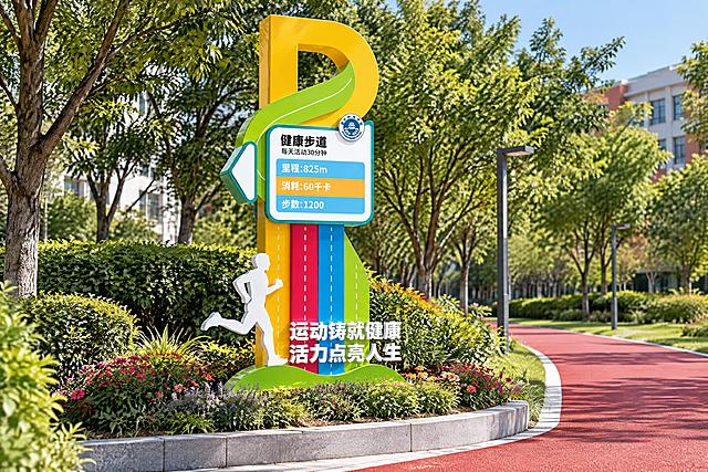 将图中的健康步道标识雕塑生成实景效果图，雕塑立在花台中，紧贴健康步道，步道为红色塑胶跑道。花台中有各色花卉和绿色植物环绕雕塑底部。图中所有深灰色背景完全去除。雕塑整体具有光滑的烤漆光泽质感，反光细腻，金属烤漆材质感。雕塑上的每个颜色块之间都有明显的立体落差和层次感，黄色P形顶部、绿色飘带、白色信息牌、彩色竖条、白色跑步人物、底部文字等不同颜色区域呈层叠凸起效果，P形顶部具有厚实的立体厚度，彩色竖条呈凸起的立体柱形，人物剪影也有立体厚度，有真实的光影投射和阴影，白天明亮自然光，校园步道旁有树木和草坪，3:2横构图