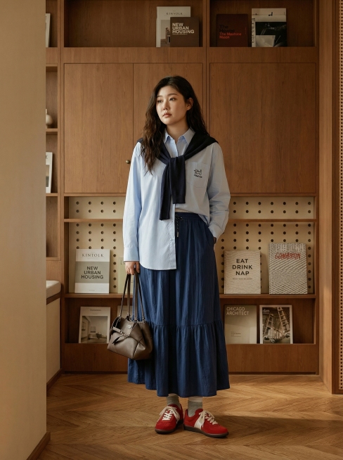 上身穿着看得见而不被下装遮盖的oversize 服装，让衣物保持自然垂坠的状态，不要把它们掖进裙子里，材质层：柔光激活面部 毛孔纹理 清晰呈现图案且保留布料纹理；摄影参数：85mm f2.0 定焦镜头预览效果