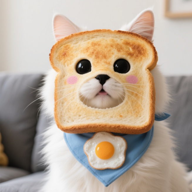 一只戴着烤得金黄酥脆、边缘微焦的吐司片做的小猫面具的宠物猫，吐司面具上有可爱的三角形猫耳朵、黑色圆眼睛和粉色腮红，露出猫咪的黑色小鼻子和微微张开的嘴巴，猫咪有着蓬松雪白的毛发，脖子上系着一条蓝色的领巾，领巾中央有一个煎蛋图案，蛋黄呈橙黄色，背景是灰色的沙发和浅色的墙壁，整体画面温馨可爱，充满生活气息，采用写实风格，光影自然柔和，细节清晰。预览效果