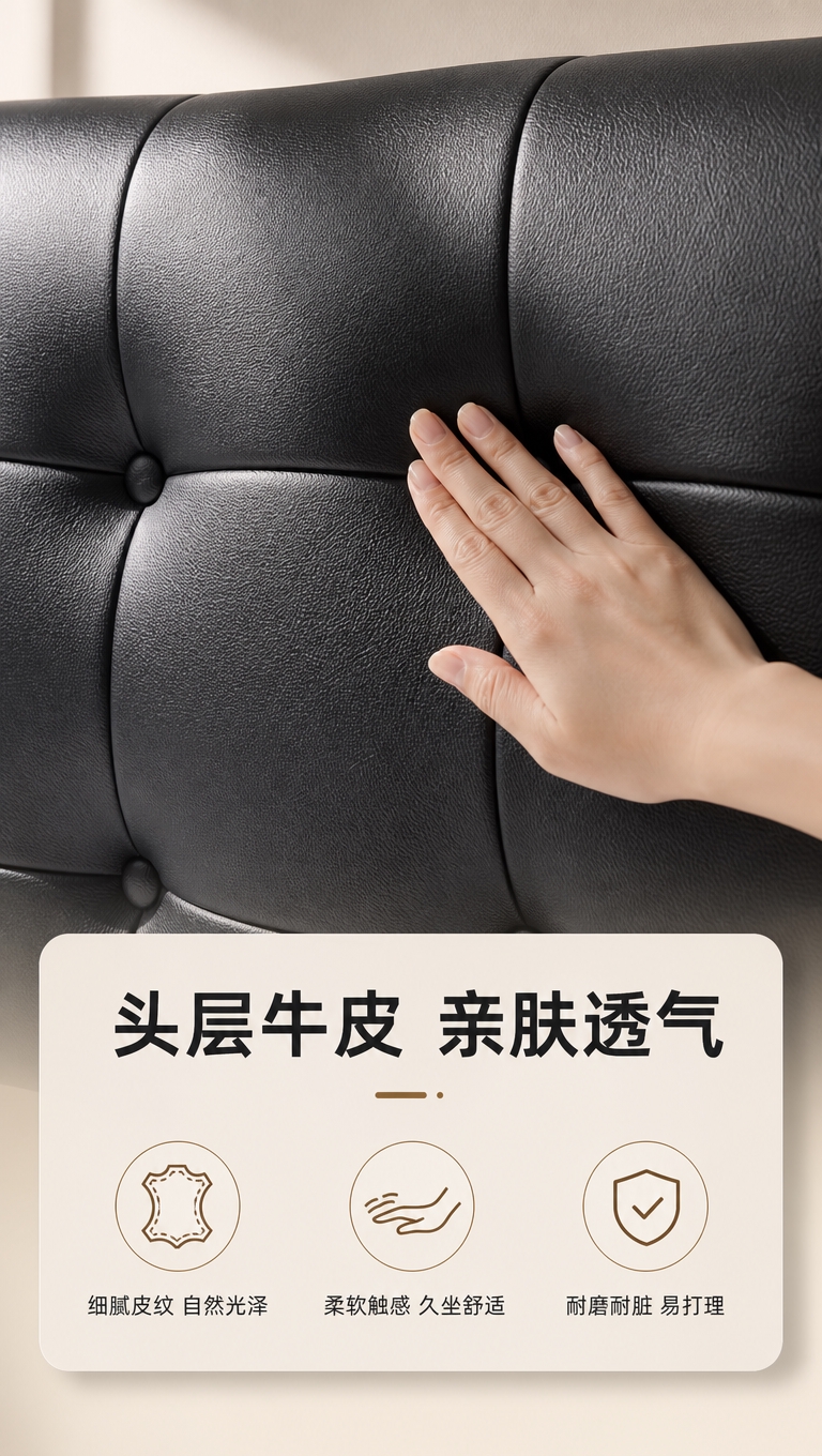 [商品] 使用【图1】黑色真皮软包床；保留床头黑色皮质、拉点结… - 图片创意预览