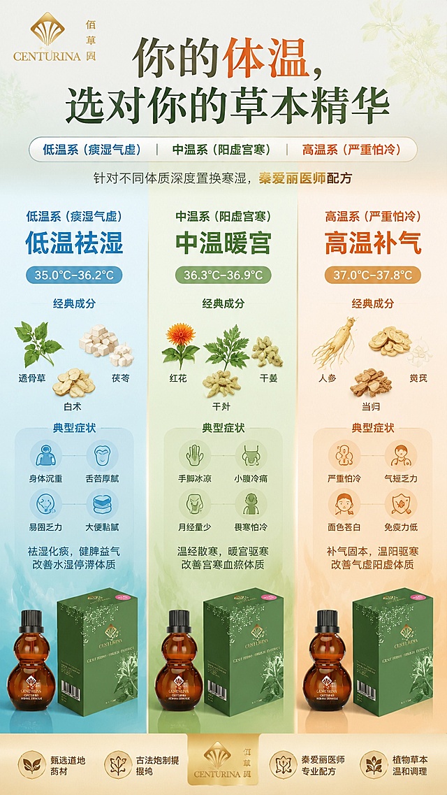 体质分区彩色风格，精准匹配教育性。主标题：你的体温，选对你的草本精华，副标题：低温系（痰湿气虚）｜中温系（阳虚宫寒）｜高温系（严重怕冷）。透骨草/红花/人参等经典药材，低温祛湿、中温暖宫、高温补气。针对不同体质深度置换寒湿，秦爱丽医师配方。三栏竖版设计，分别使用冷蓝/中性绿/暖橙背景，每栏对应对应成分植物 + 体温范围 + 典型症状图标，现代信息图风格。包含佰草园金色logo，产品100%还原上传商品图的外形、包装、LOGO、文字，保持瓶型轮廓结构比例一致。版式精美，比例9:16，画质4k。