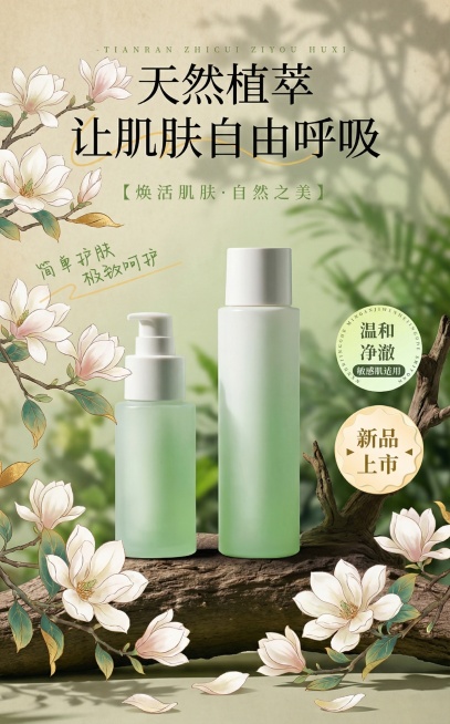 主体左侧伸出玉兰花花枝，主体放置在覆盖枯树枝上，周围有枯木、绿叶、绽放的玉兰花花，宣纸质感底色 ， 水墨青绿晕染，搭配暖白、淡金点缀，周围环绕立体玉兰花装饰，营造东方雅致的护肤氛围，参考图1，树影，背预览效果