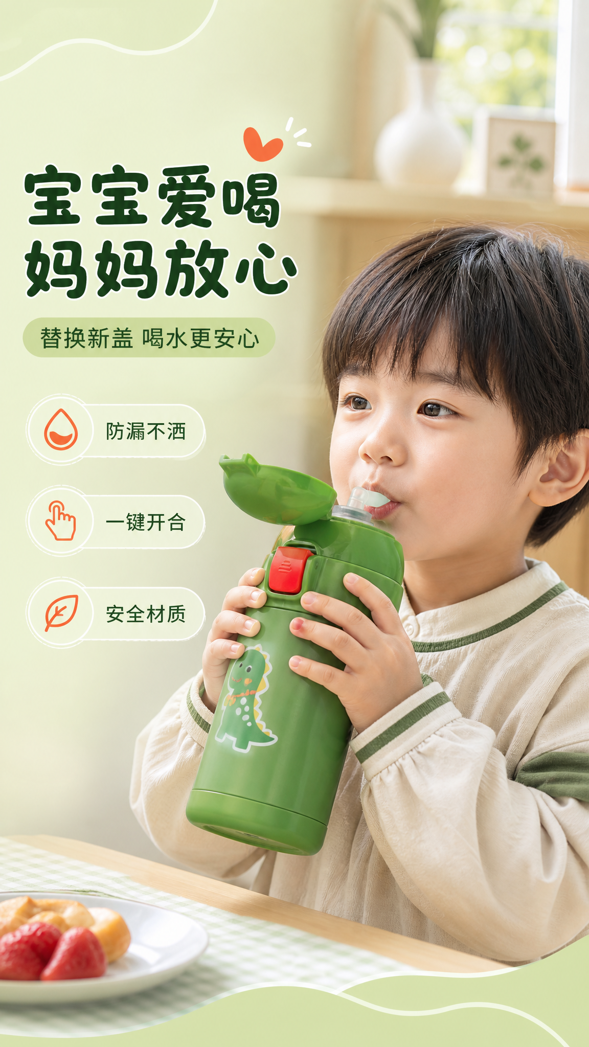 [商品] 使用【图1】绿色儿童保温杯吸管盖，保留杯盖结构、红色… - 图片创意预览
