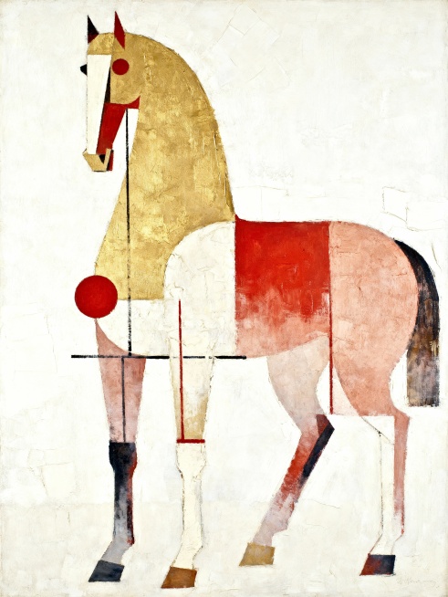 马列维奇风格抽象画作，极简，肯特纸上，油画，画面中央几何、圆、线条、色彩与色块交织，重新解构骏马，独特的韵律，大写意，印象派，泛朦，迷幻，层次感，油画刀刮涂、涂抹，明与暗，米黄金红米白对撞色渐变，不拘预览效果
