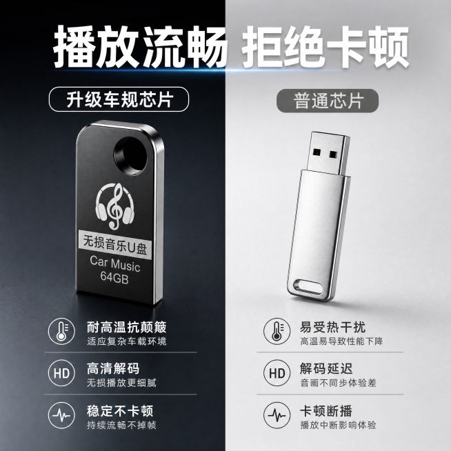 [主图-4] 核心优势对比展示；
[氛围风格] 清晰对比风，专业科技感；
[画质] 商业摄影质感、光线柔和通透、产品清晰真实、画面干净高级。
[元素] 双栏对比布局，左侧展示本品车载U盘，保持产品外观预览效果