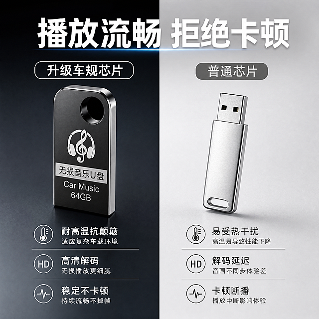 [主图-4] 核心优势对比展示；
[氛围风格] 清晰对比风，专业科技感；
[画质] 商业摄影质感、光线柔和通透、产品清晰真实、画面干净高级。
[元素] 双栏对比布局，左侧展示本品车载U盘，保持产品外观、物理结构、材质质感、颜色与输入产品图绝对一致，杜绝任何变形和色差，精细化处理。右侧对比普通U盘，标注核心差异点。双分区清晰，产品占比合理。
[光影] 左右区域光影一致，整体明亮清晰，对比分明。
[配色] 本品区域深色背景，对比区域浅色背景，黑白对比清晰突出优势。
[视角构图] 双栏对称布局，产品平视展示。
[文字版式] 顶部大标题"播放流畅 拒绝卡顿"，左右分栏分别标注"升级车规芯片"和"普通芯片"，下方列举三点对比优势：本品"耐高温抗颠簸""高清解码""稳定不卡顿"，对比项对应标注"易受热干扰""解码延迟""卡顿断播"，文字分区清晰，对比强烈。
[比例分辨率] 1:1比例，4K分辨率，文字清晰可辨，超高清。
[负向提示词] 变形，水印，文字错乱，产品图模糊，背景杂乱