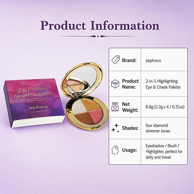 [第8屏] Complete product information - specification and packaging details. This screen uses [image1] as product reference.  
[氛围/风格] Clean professional information style, light purple gradient background, organized layout.  
[元素布局] Left side shows the palette with its outer packaging box, right side is vertical parameter table. Keep product and packaging appearance, text 100% consistent with original images.  
[光影质感] Soft even lighting, clear product and text, good contrast.  
[配色色系] Global background #F0E6F5; product gold and purple packaging matches background, parameter table uses white background with dark gray text, easy to read.  
[视角构图] Left product right information split layout, clear organization, complete information.  
[文字版式] Top main title "Product Information", bold purple font, centered. Right parameter table with clear rows: Brand: zephoco, Product Name: 2-in-1 Highlighting Eye & Cheek Palette, Net Weight: 8.8g (2.2g x 4 / 0.31oz), Shades: four diamond shimmer tones, Usage: Eyeshadow / Blush / Highlighter, perfect for daily and travel. Text clear and legible, each row separated, good contrast.  
[比例分辨率] 1:1 square ratio, 2048x2048 pixels, 2K resolution, complete information, high definition quality.  
[负向提示词] Product deformation, packaging text distortion, wrong colors, blurry text, overlapping product and table, watermark, Chinese characters