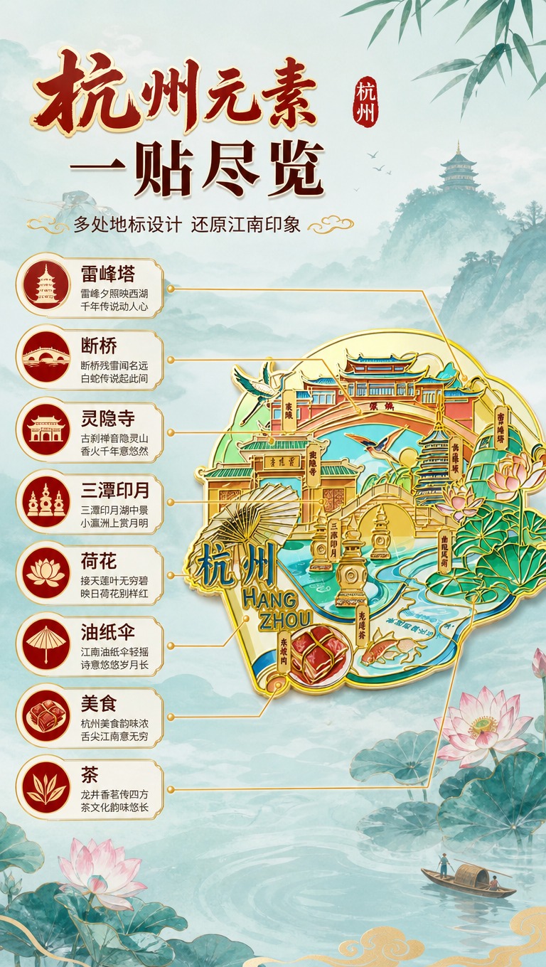 [商品] 使用【图1】杭州城市主题国潮金属冰箱贴；保留所有地标… - 图片创意预览