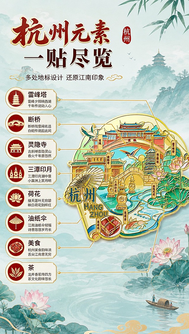 [商品] 使用【图1】杭州城市主题国潮金属冰箱贴；保留所有地标建筑、文字、图案元素；商品处理：保持产品完整原貌，清晰化各地标建筑轮廓与名称文字，便于标注讲解。
[画面] 页面目标：地标设计解读，介绍冰箱贴上的杭州标志性景点设计。构图：产品居中偏右占50%，左侧为文字区，用金色引线从产品上的各个地标引出标注，分别指向：雷峰塔、断桥、灵隐寺、三潭印月、荷花、油纸伞、美食、茶。背景为淡青色水墨山水意境。
[视觉] 套系策略：风格=国潮新中式精致文创商业摄影；标题字=国风书法体+现代粗宋结合；正文字=简洁无衬线中黑体；主色=朱红+暖金+青绿；背景延展=基于朱红与暖金做深浅层级、同色渐变和国风云纹/水纹质感；强调色=鎏金色，仅用于小面积图标、引线、标签和局部光效；标题色=深朱红+烫金效果；正文色=深棕灰；组件=圆角金边信息卡、祥云纹分隔线、中式印章元素；光影=正面柔光均匀打亮产品，确保每个地标都清晰可见。
[文字] 左上主标题"杭州元素 一贴尽览"，副标题"多处地标设计 还原江南印象"，左侧引线标注各设计元素名称，文字排版整齐，引线不交叉遮挡。
[规格] 图片比例9:16竖版，4K分辨率，淘宝/天猫详情页适配，中文文案；避免变形、错字、地标名称错误、引线杂乱、文字遮挡产品、出现极限词。