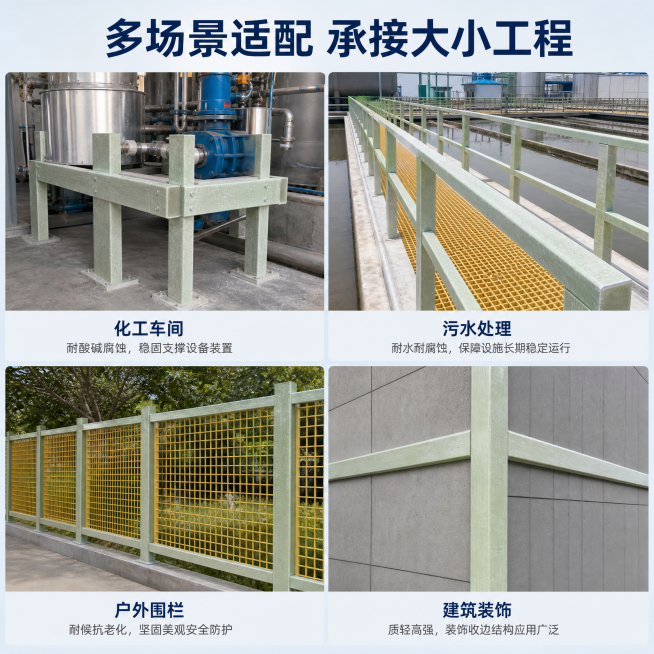 [主图-4]玻璃钢角钢工程适配展示。[氛围风格]专业可信，展示多场景应用。[画质]商业摄影质感、光线均匀通透、产品清晰真实、画面干净高级。[元素]保持产品颜色和材质特性与输入一致，四宫格排列展示不同工预览效果