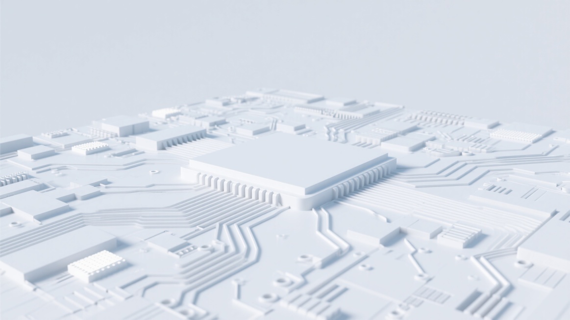 3d建模风格，画面中平铺一层类似电路板的白色平面，整体画面明亮，以白色系为主，背景纯色且干净预览效果
