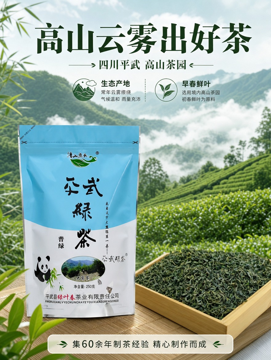 [商品] 使用【图3】平武绿茶袋装产品正面 + 【图2】竹制茶… - 图片创意预览